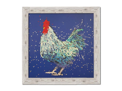 A drip painting of a white and blue rooster on a vibrant blue background. Printed on canvas and framed.