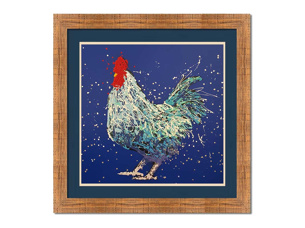 A drip painting of a white and blue rooster on a vibrant blue background. Printed on paper, matted, and framed.