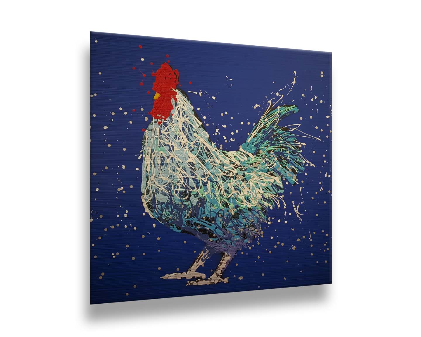 A drip painting of a white and blue rooster on a vibrant blue background. Printed on metal.