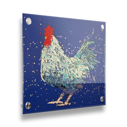 A drip painting of a white and blue rooster on a vibrant blue background. Printed on acrylic.