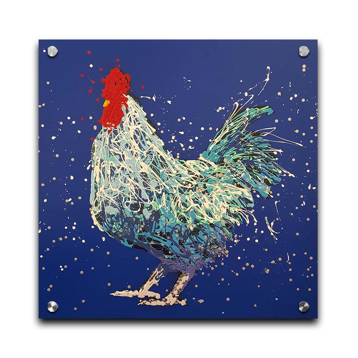 A drip painting of a white and blue rooster on a vibrant blue background. Printed on acrylic.