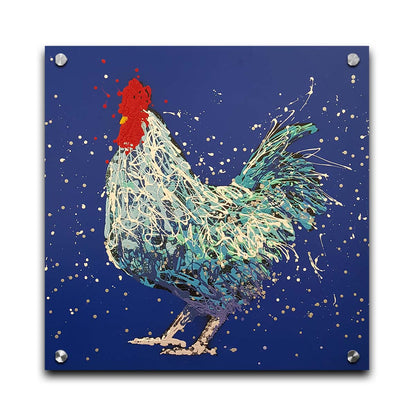 A drip painting of a white and blue rooster on a vibrant blue background. Printed on acrylic.