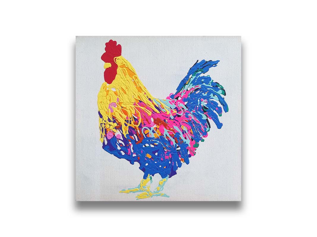 A drip painting of a yellow, blue, and pink rooster on a white background. Printed on canvas.