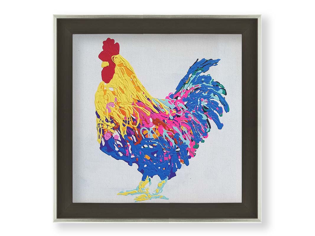 A drip painting of a yellow, blue, and pink rooster on a white background. Printed on canvas and framed.