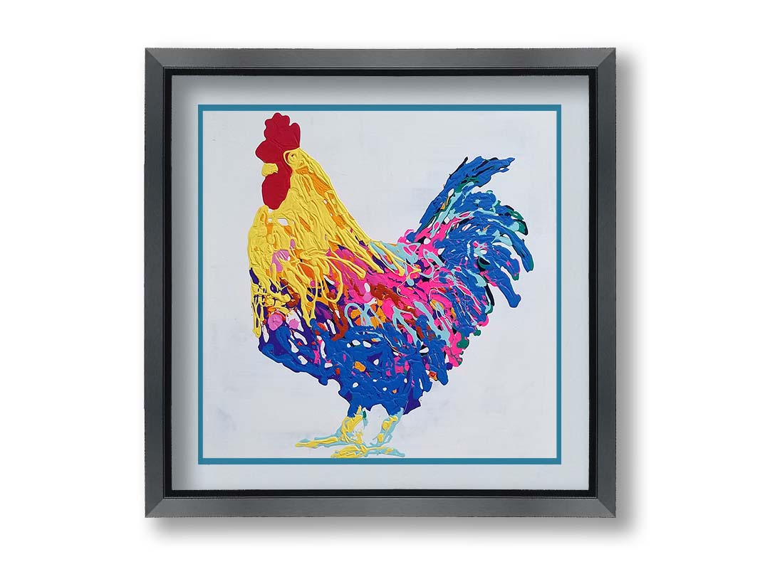 A drip painting of a yellow, blue, and pink rooster on a white background. Printed on paper, matted, and framed.