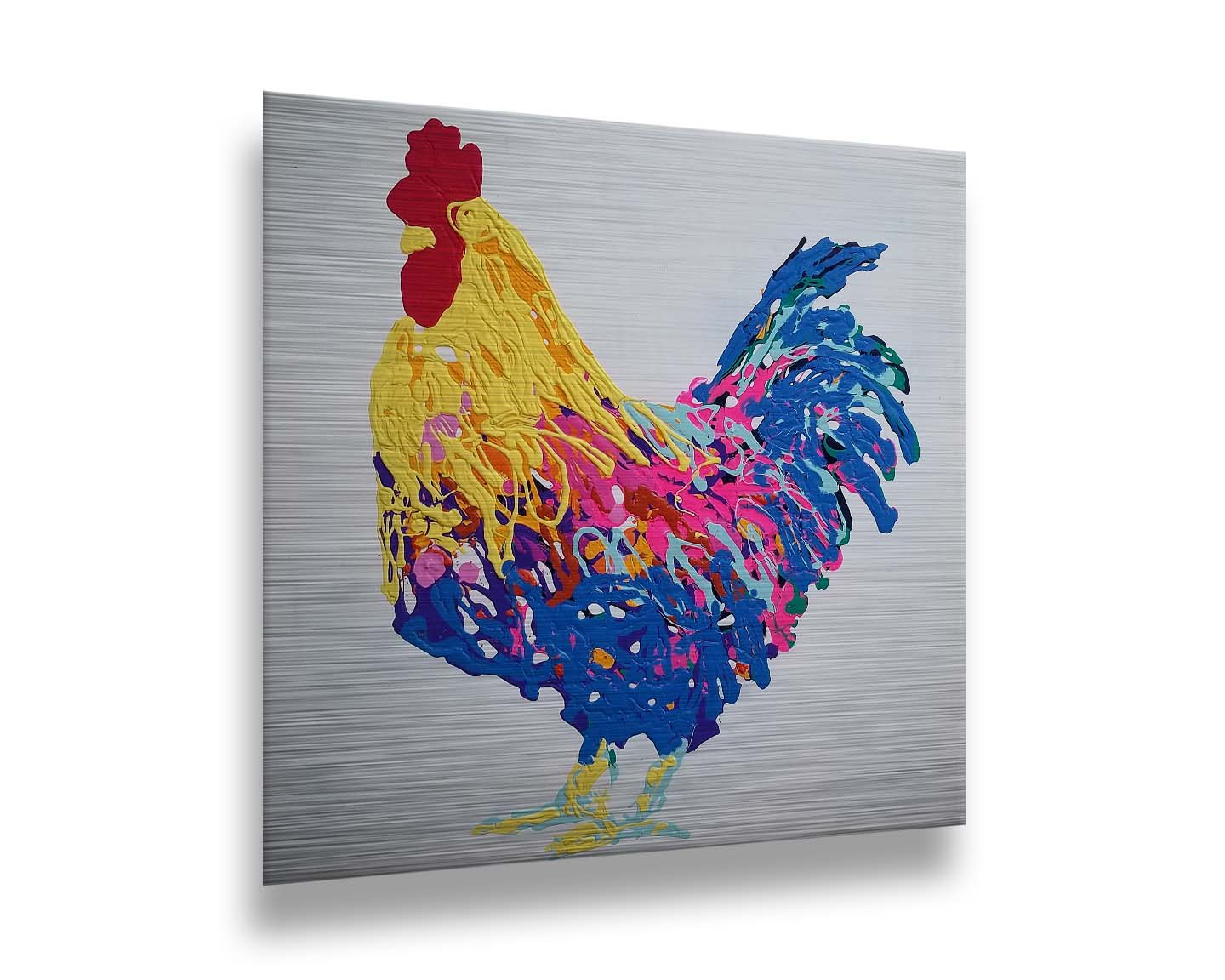 A drip painting of a yellow, blue, and pink rooster on a white background. Printed on metal.