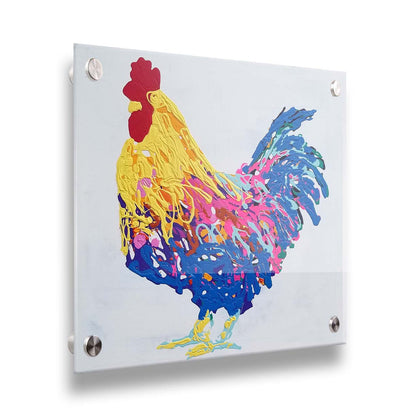 A drip painting of a yellow, blue, and pink rooster on a white background. Printed on acrylic.