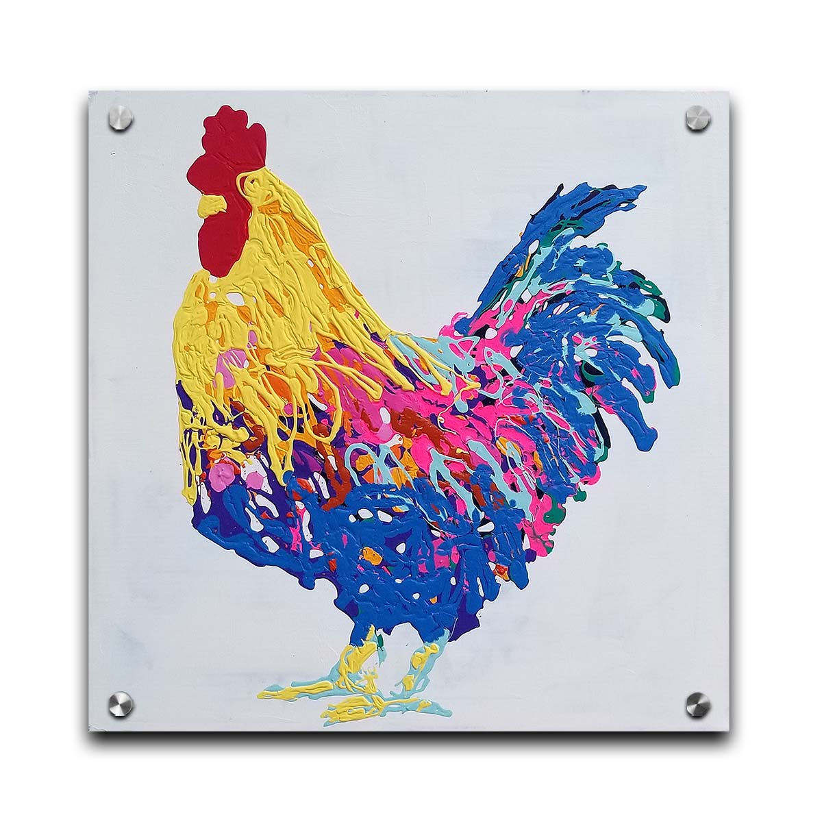 A drip painting of a yellow, blue, and pink rooster on a white background. Printed on acrylic.