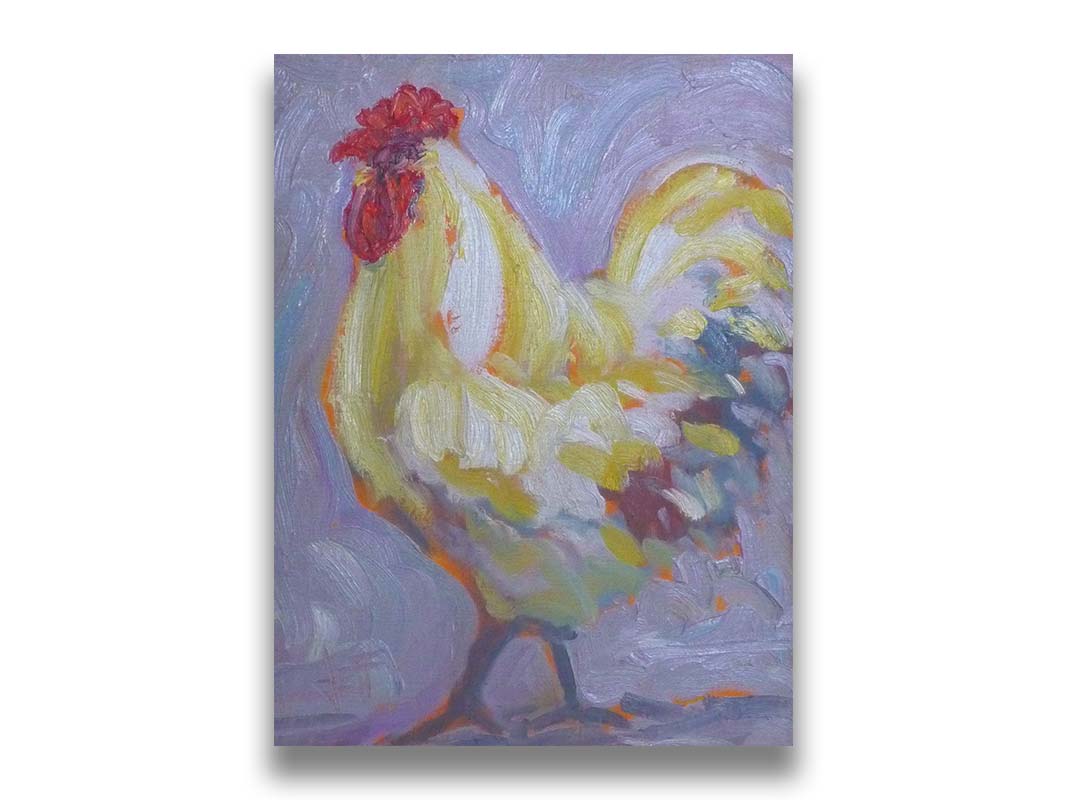 A painting of a soft white rooster on a lavender purple background. Printed on canvas.