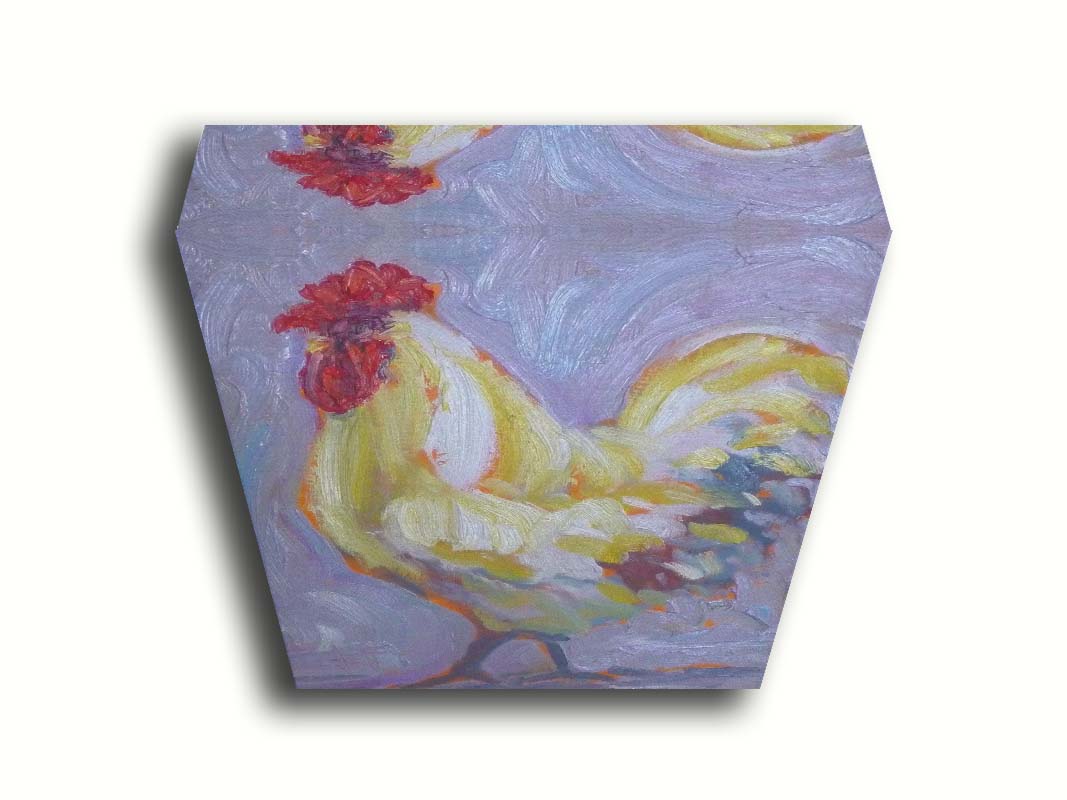 A painting of a soft white rooster on a lavender purple background. Printed on canvas.