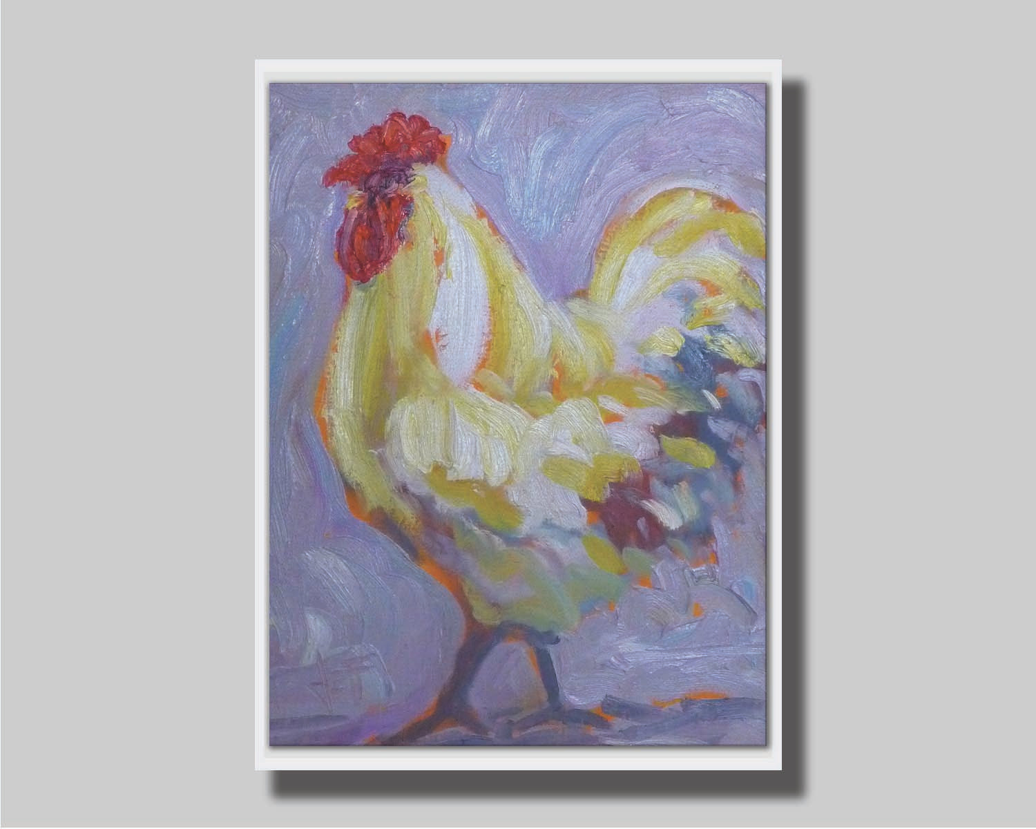 A painting of a soft white rooster on a lavender purple background. Printed on canvas in a float frame.