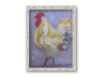 A painting of a soft white rooster on a lavender purple background. Printed on canvas and framed.