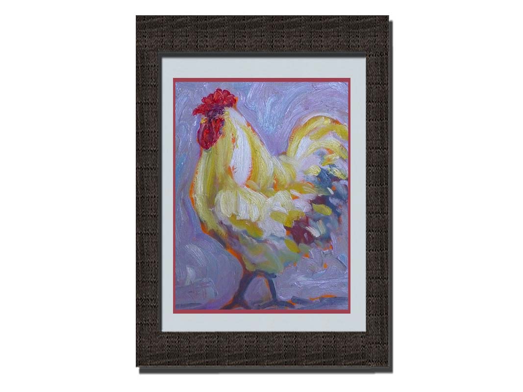 A painting of a soft white rooster on a lavender purple background. Printed on paper, matted, and framed.