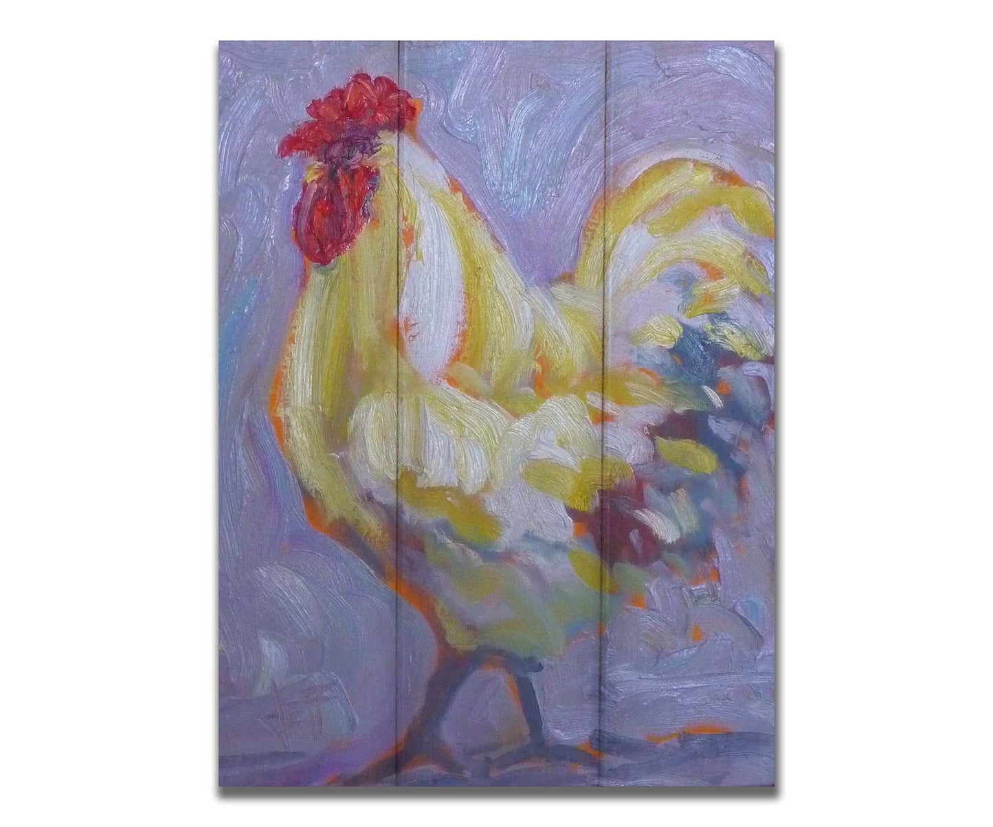 A painting of a soft white rooster on a lavender purple background. Printed on a box board.