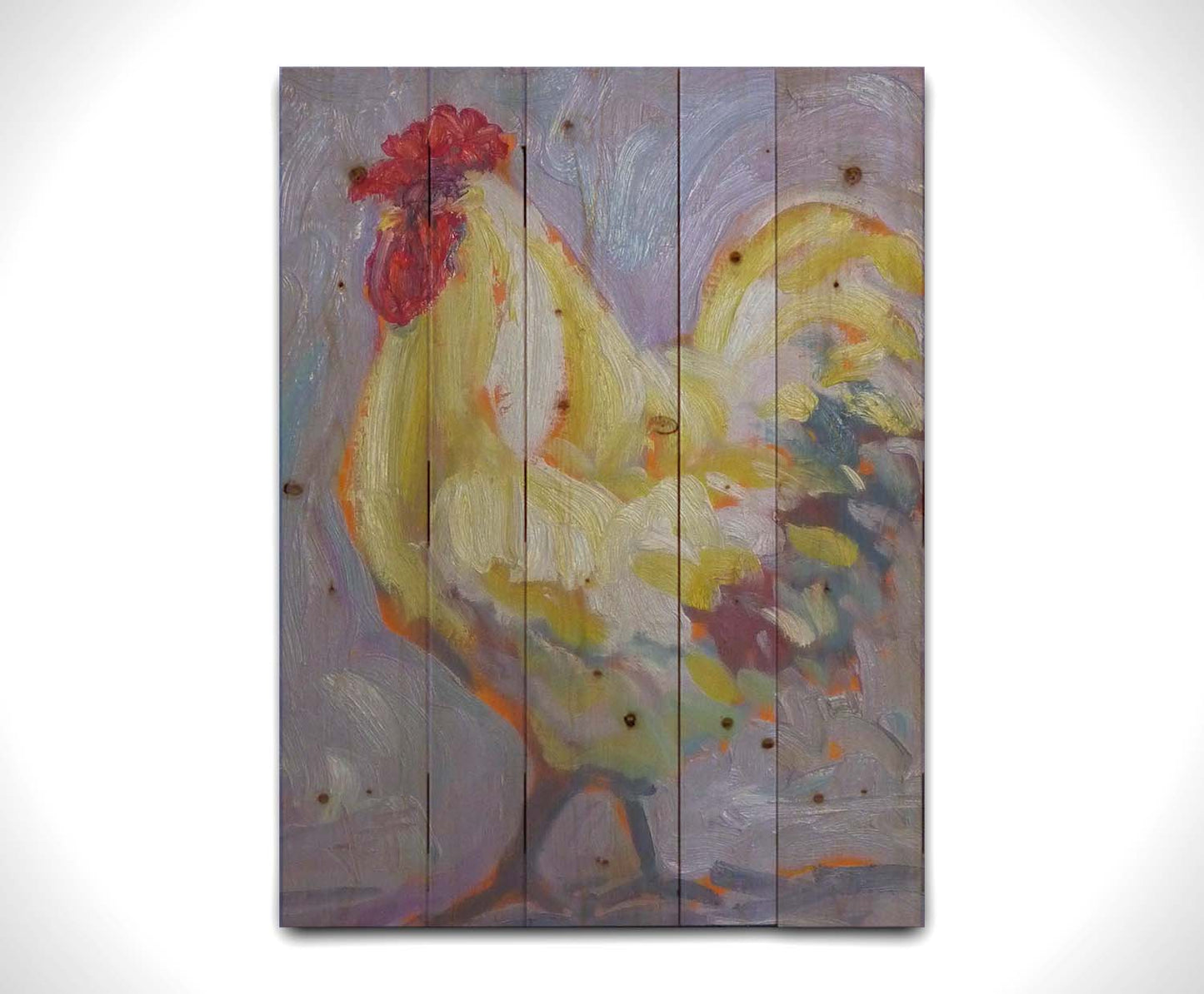 A painting of a soft white rooster on a lavender purple background. Printed on a wood pallet.