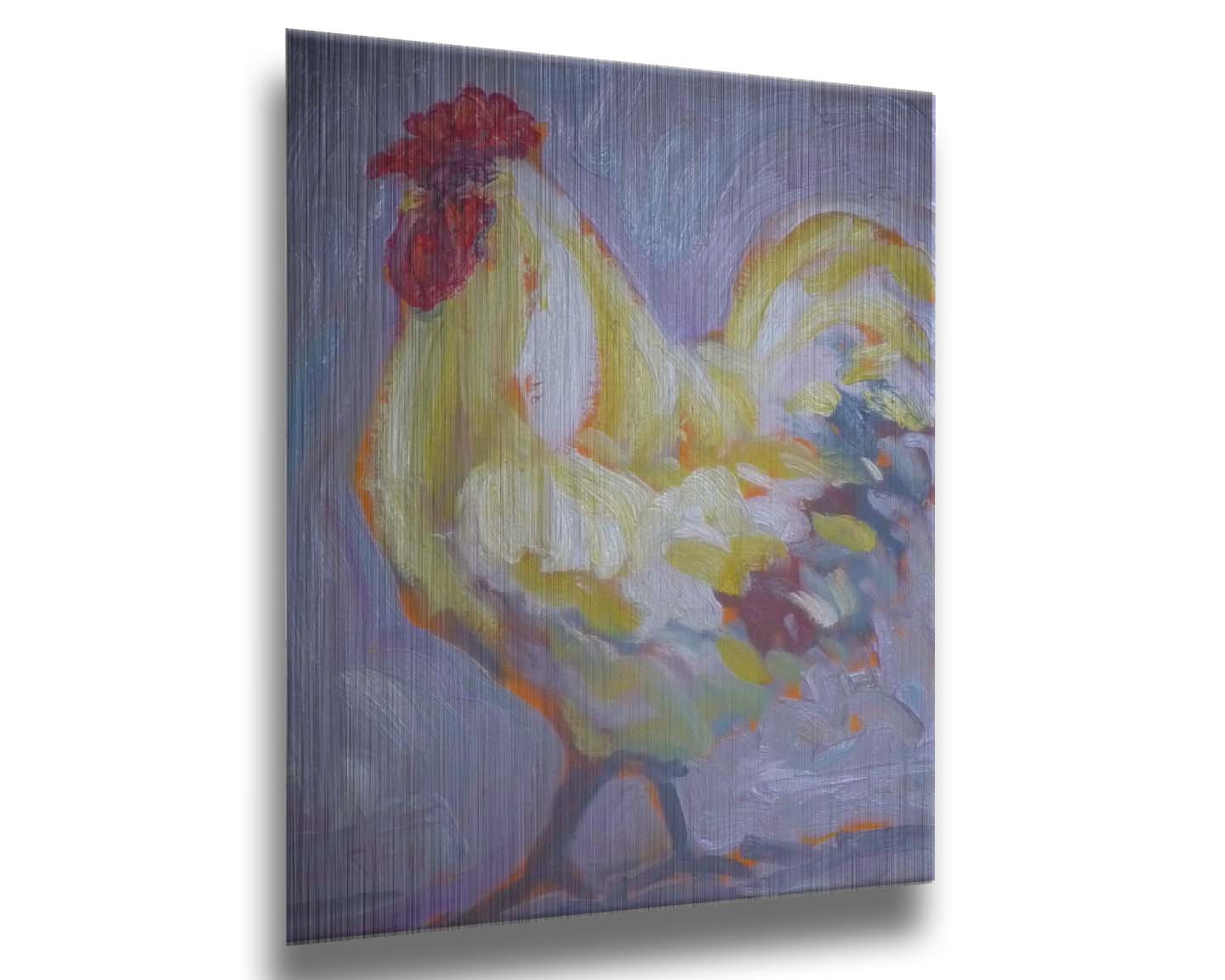 A painting of a soft white rooster on a lavender purple background. Printed on metal.