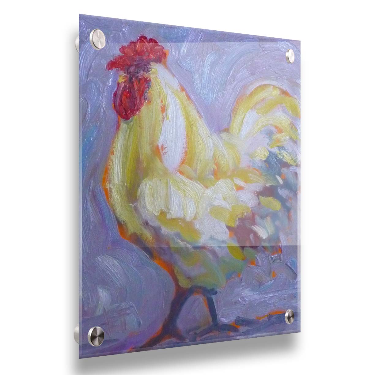 A painting of a soft white rooster on a lavender purple background. Printed on acrylic.