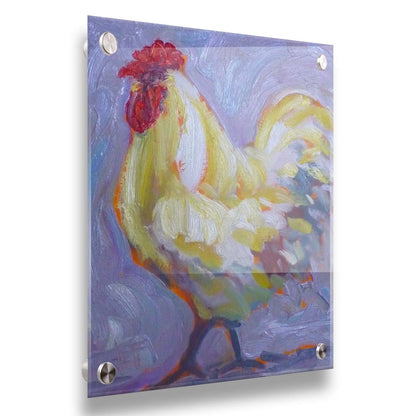 A painting of a soft white rooster on a lavender purple background. Printed on acrylic.