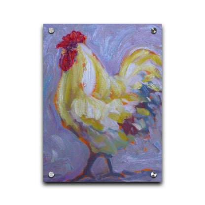 A painting of a soft white rooster on a lavender purple background. Printed on acrylic.