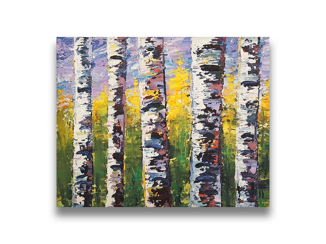 A painting of a closeup line of birch trunks in a green and yellow forest. Printed on canvas.