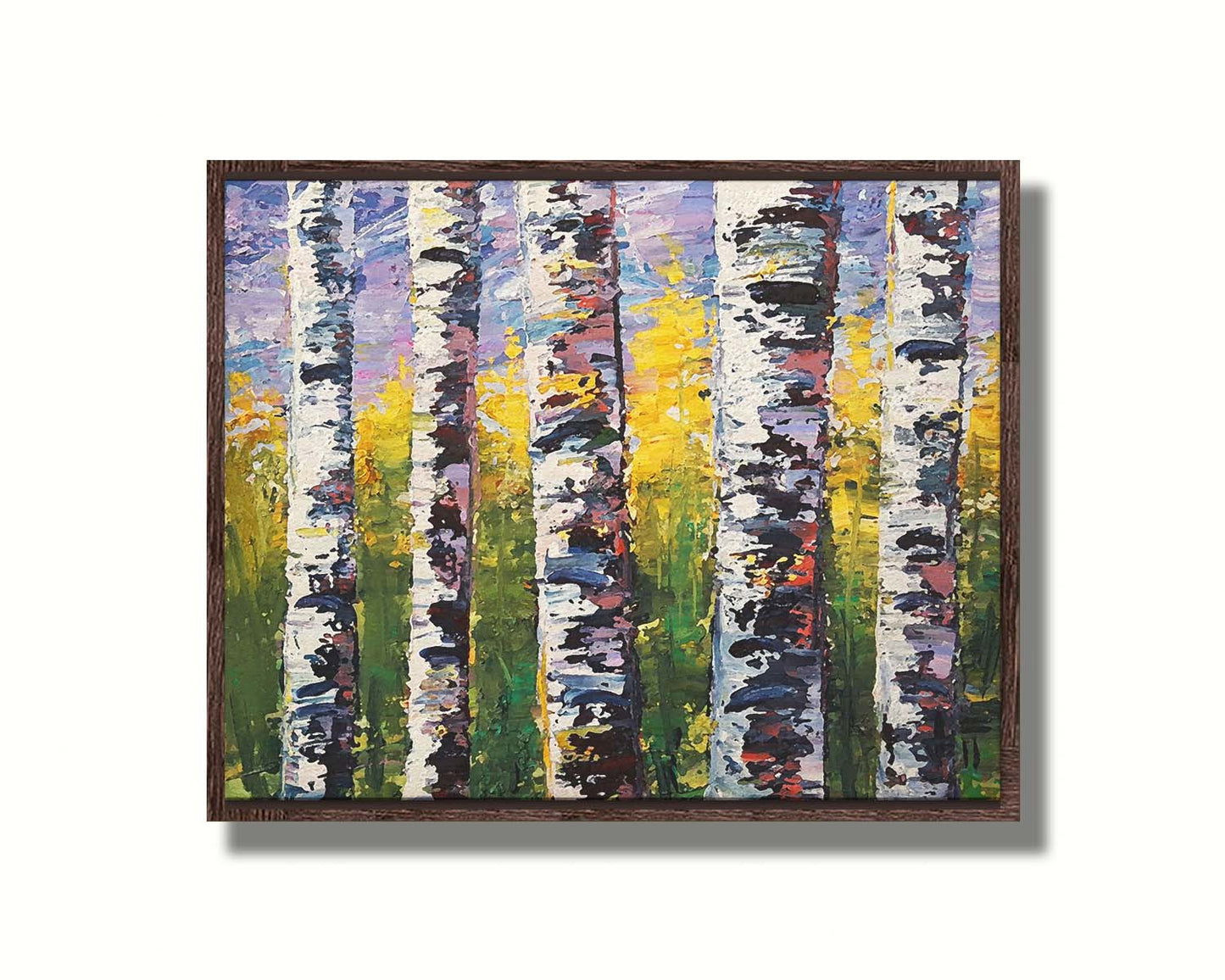 A painting of a closeup line of birch trunks in a green and yellow forest. Printed on canvas in a float frame.