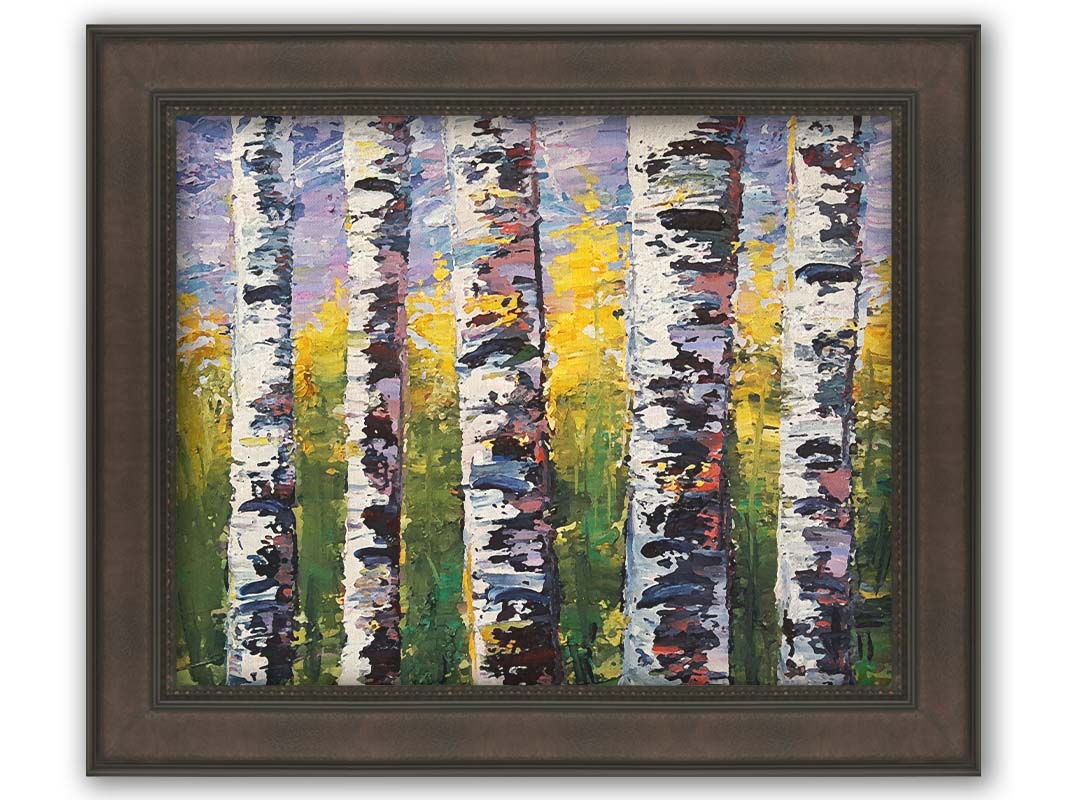 A painting of a closeup line of birch trunks in a green and yellow forest. Printed on canvas and framed.