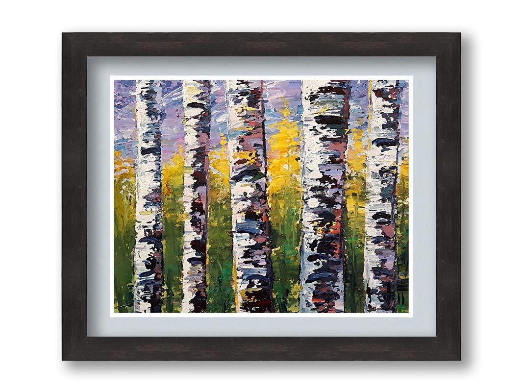 A painting of a closeup line of birch trunks in a green and yellow forest. Printed on paper, matted, and framed.