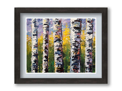 A painting of a closeup line of birch trunks in a green and yellow forest. Printed on paper, matted, and framed.