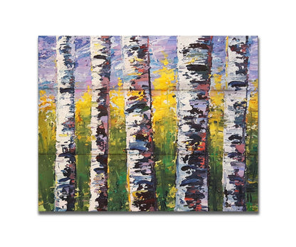 A painting of a closeup line of birch trunks in a green and yellow forest. Printed on a box board.