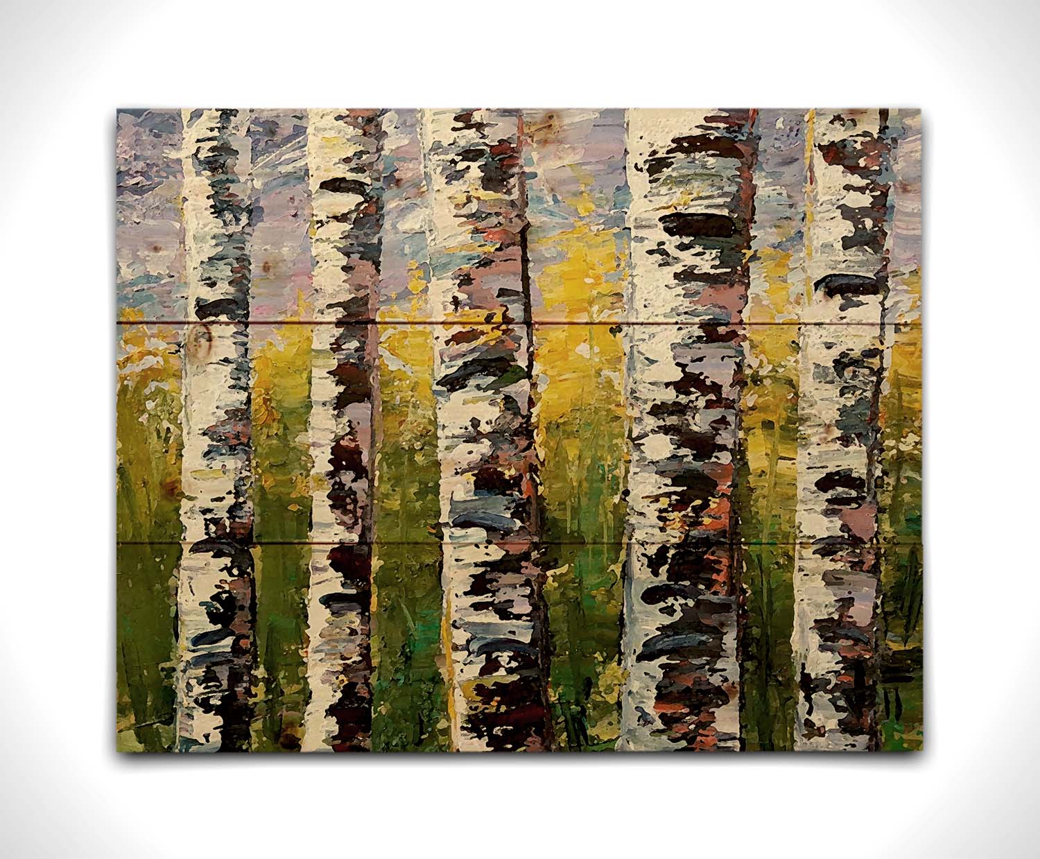 A painting of a closeup line of birch trunks in a green and yellow forest. Printed on a wood pallet.