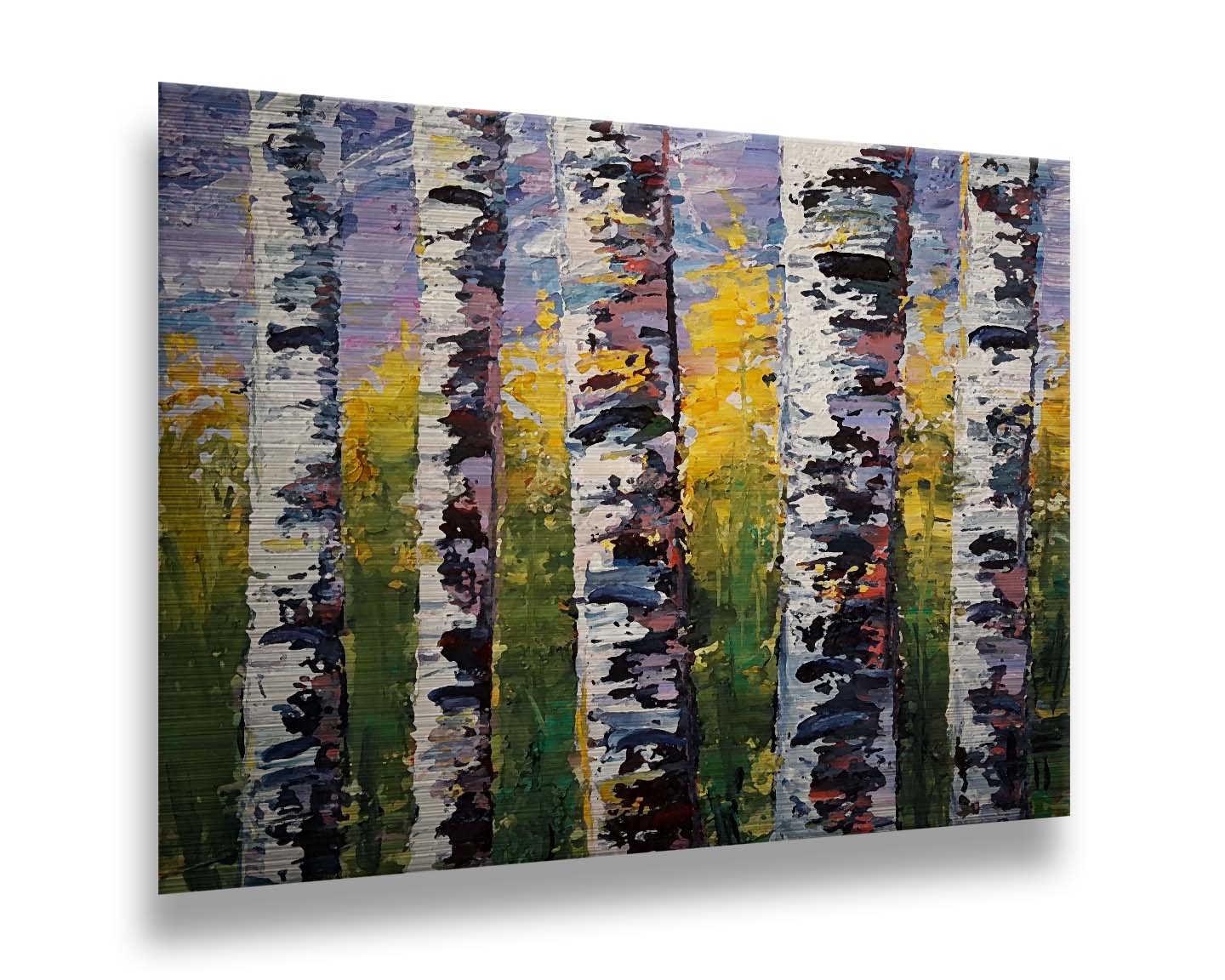 A painting of a closeup line of birch trunks in a green and yellow forest. Printed on metal.