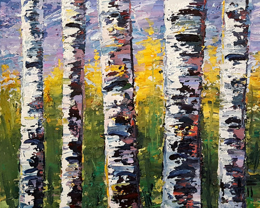 A painting of a closeup line of birch trunks in a green and yellow forest. 
