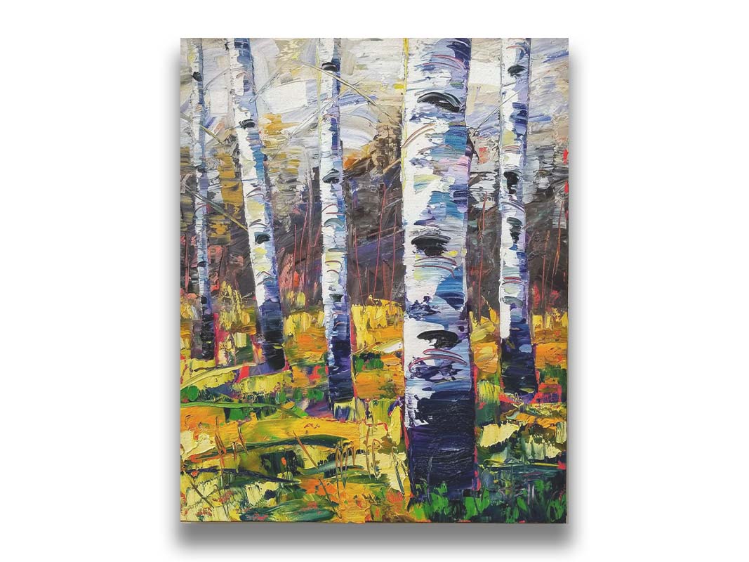 A painting of a birch forest, with vibrant grasses and foliage contrasing the black and white birch trunks. Printed on canvas.