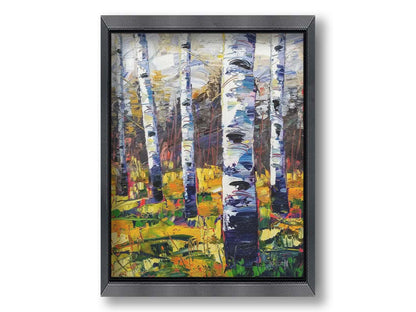 A painting of a birch forest, with vibrant grasses and foliage contrasing the black and white birch trunks. Printed on canvas and framed.