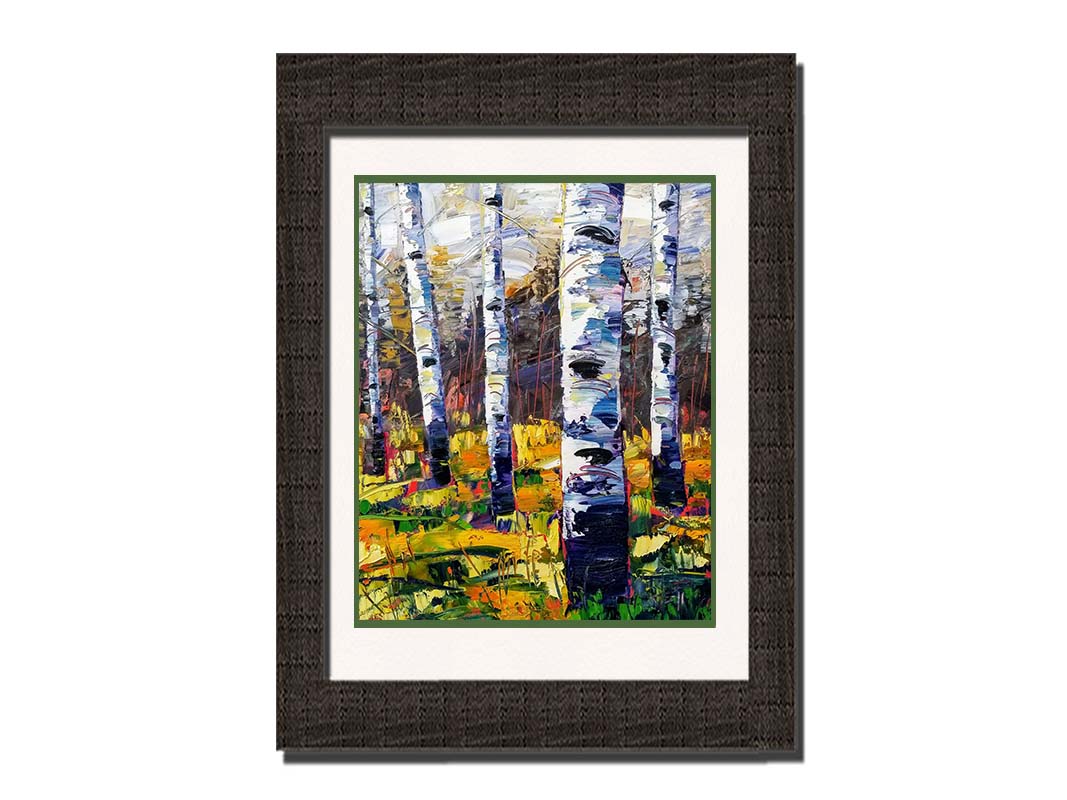 A painting of a birch forest, with vibrant grasses and foliage contrasing the black and white birch trunks. Printed on paper, matted, and framed.