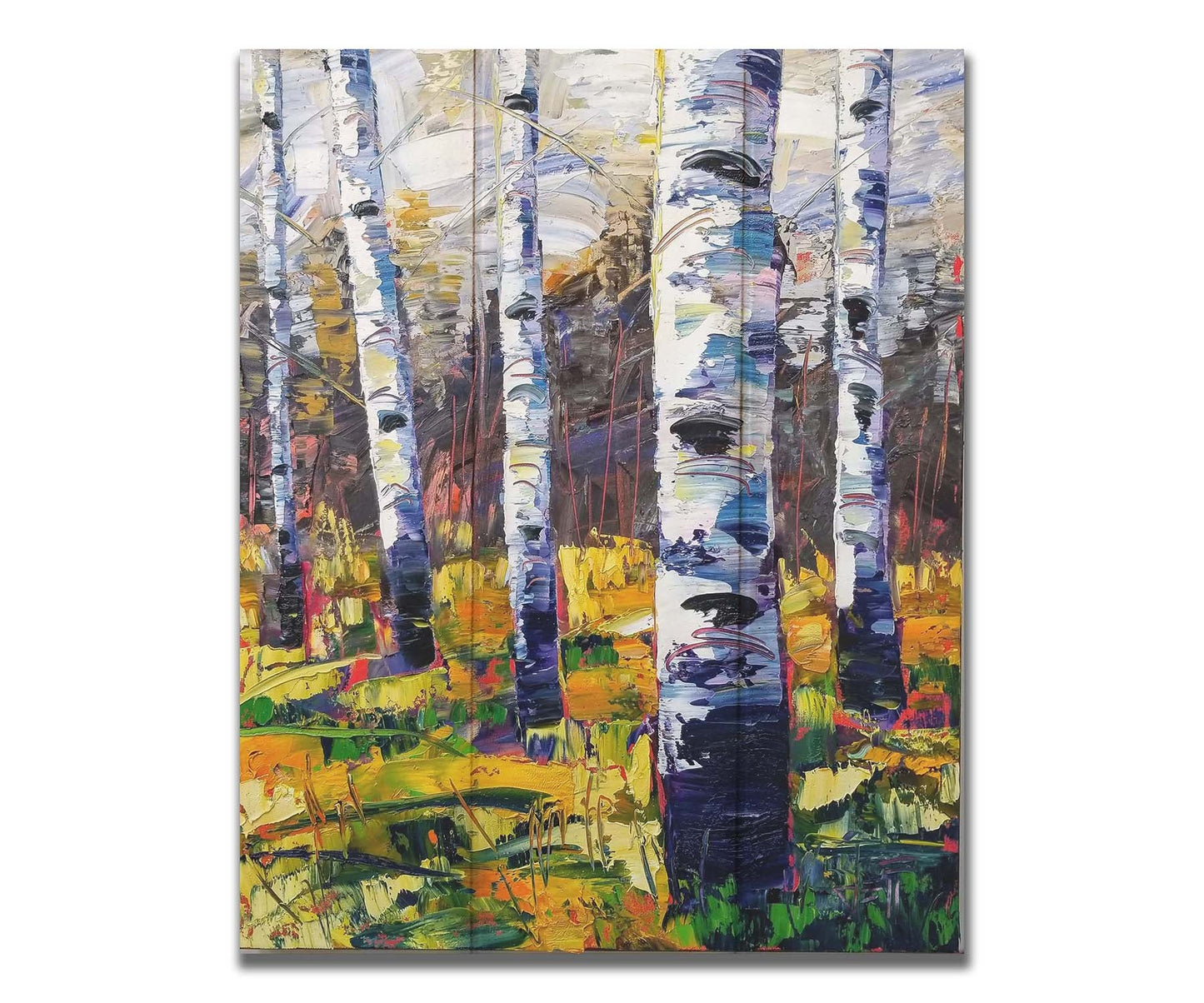 A painting of a birch forest, with vibrant grasses and foliage contrasing the black and white birch trunks. Printed on a box board.