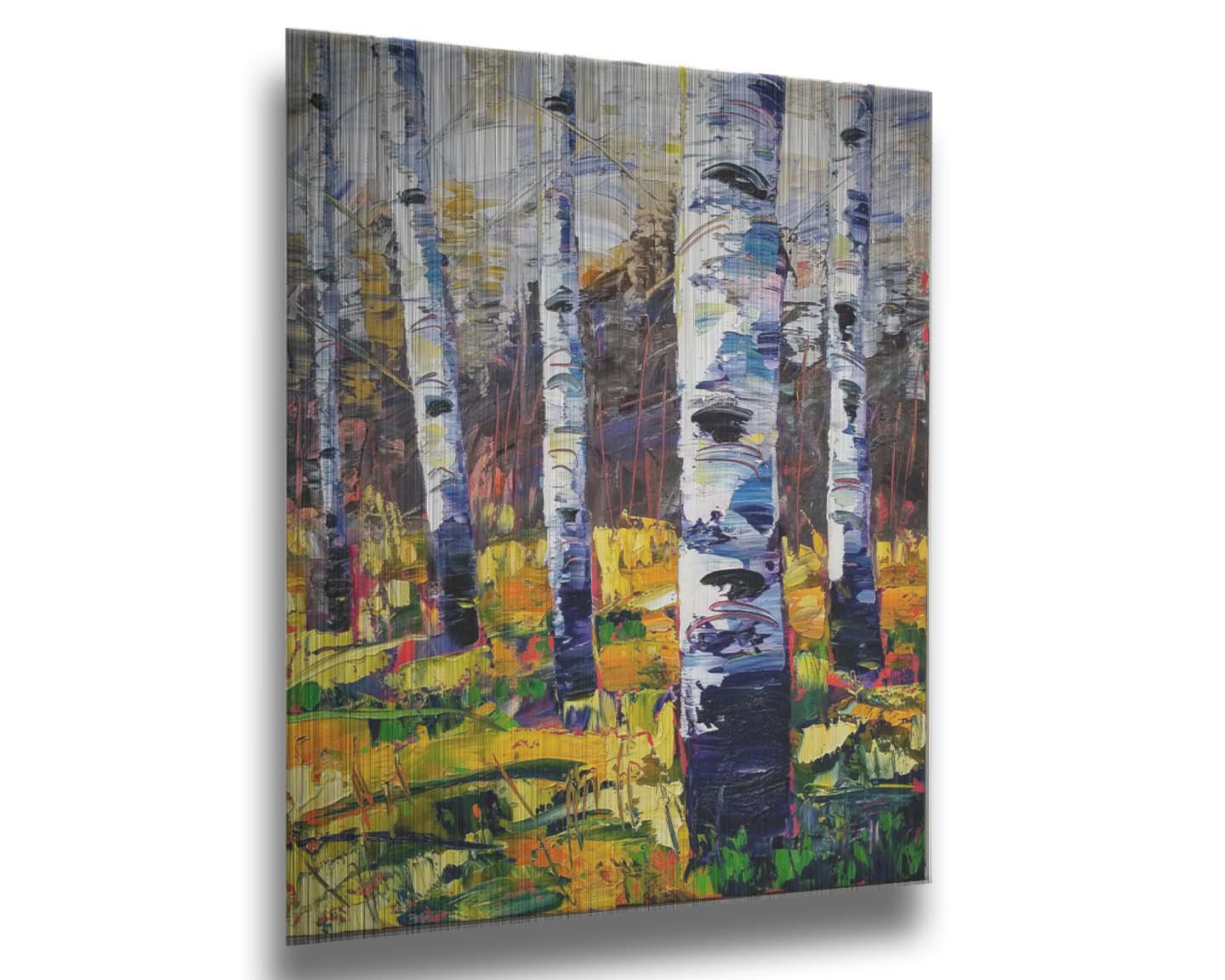 A painting of a birch forest, with vibrant grasses and foliage contrasing the black and white birch trunks. Printed on metal.