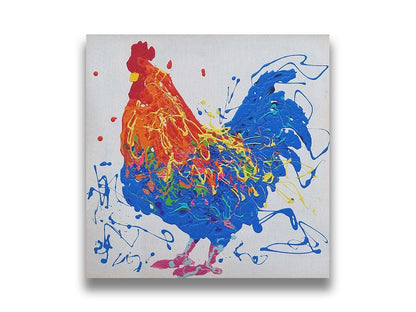 A drip painting of an orange and blue rooster on a white background, accented by yellow, green, red, and purple. Printed on canvas.