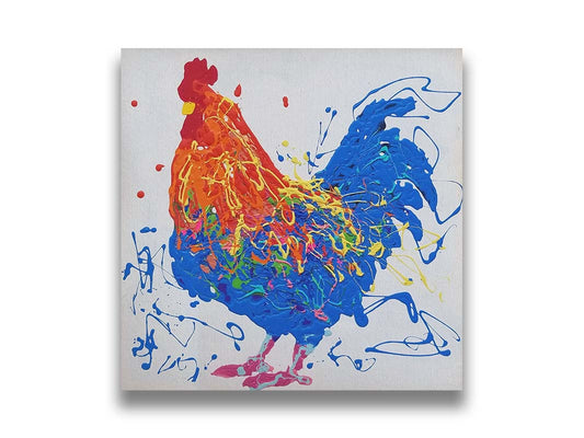 A drip painting of an orange and blue rooster on a white background, accented by yellow, green, red, and purple. Printed on canvas.