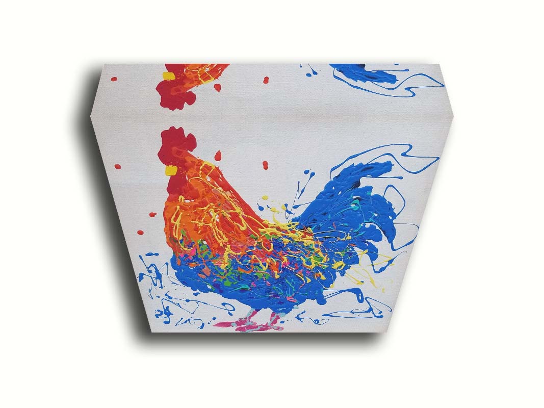 A drip painting of an orange and blue rooster on a white background, accented by yellow, green, red, and purple. Printed on canvas.