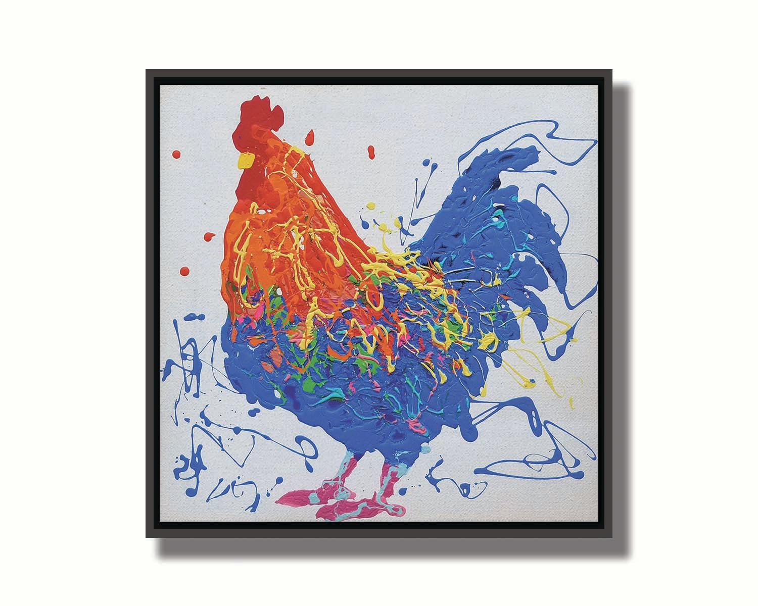 A drip painting of an orange and blue rooster on a white background, accented by yellow, green, red, and purple. Printed on canvas in a float frame.