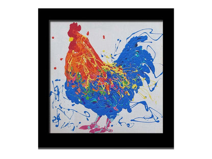 A drip painting of an orange and blue rooster on a white background, accented by yellow, green, red, and purple. Printed on canvas and framed.