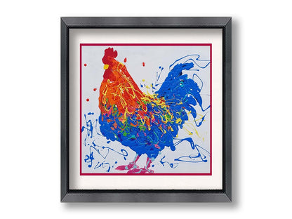 A drip painting of an orange and blue rooster on a white background, accented by yellow, green, red, and purple. Printed on paper, matted, and framed.