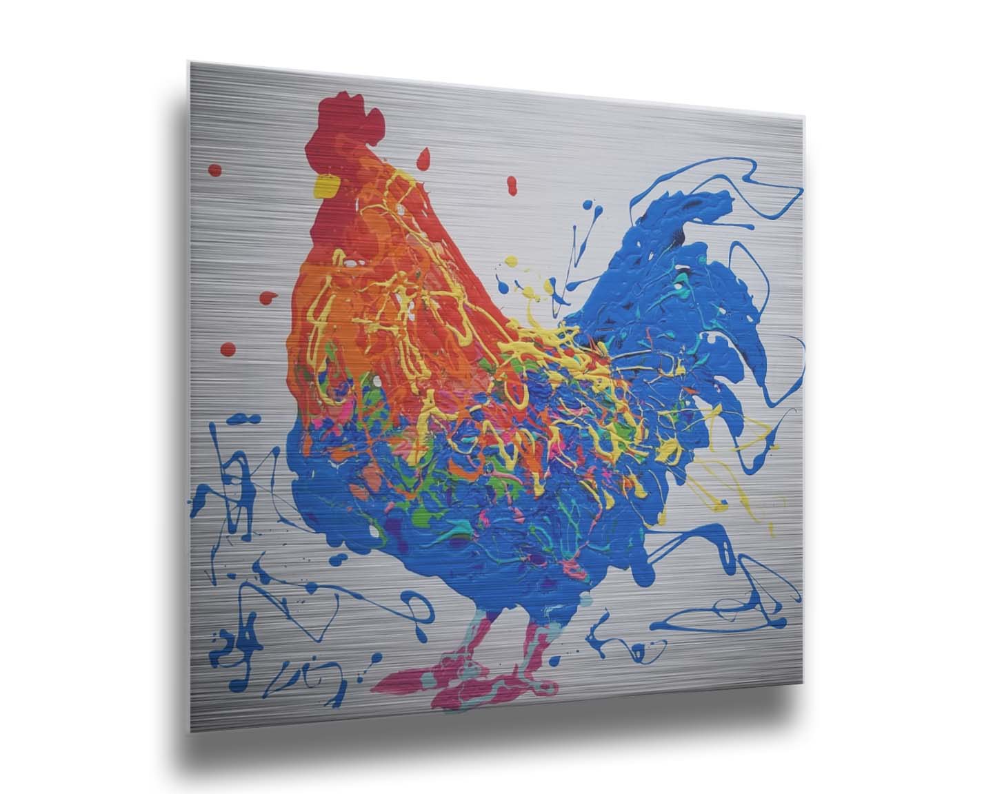 A drip painting of an orange and blue rooster on a white background, accented by yellow, green, red, and purple. Printed on metal.