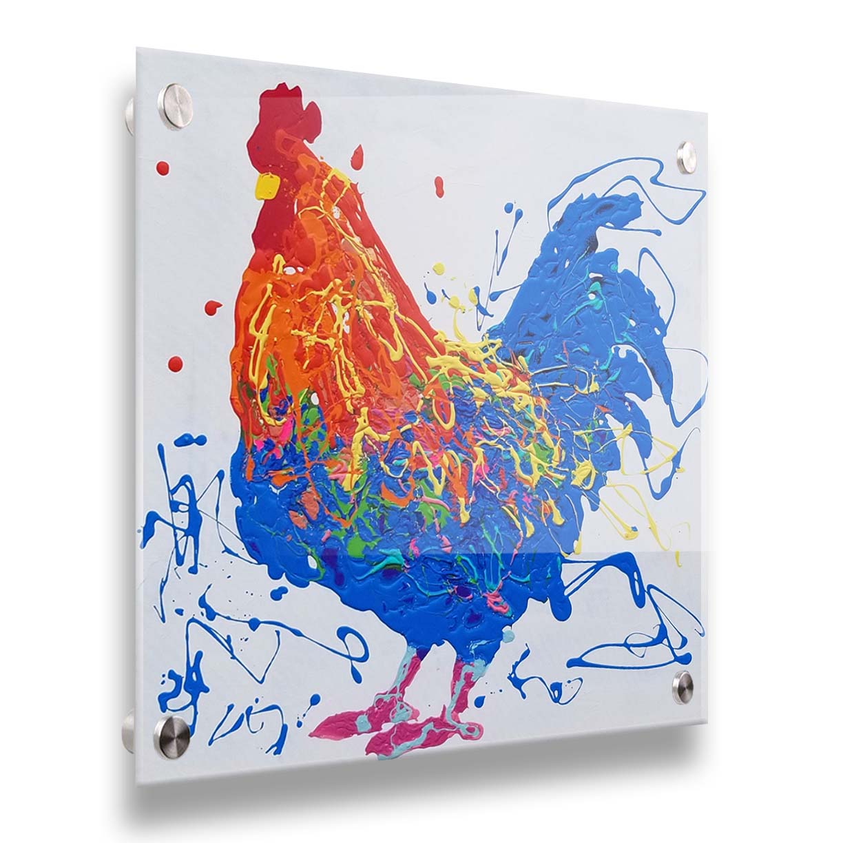 A drip painting of an orange and blue rooster on a white background, accented by yellow, green, red, and purple. Printed on acrylic.