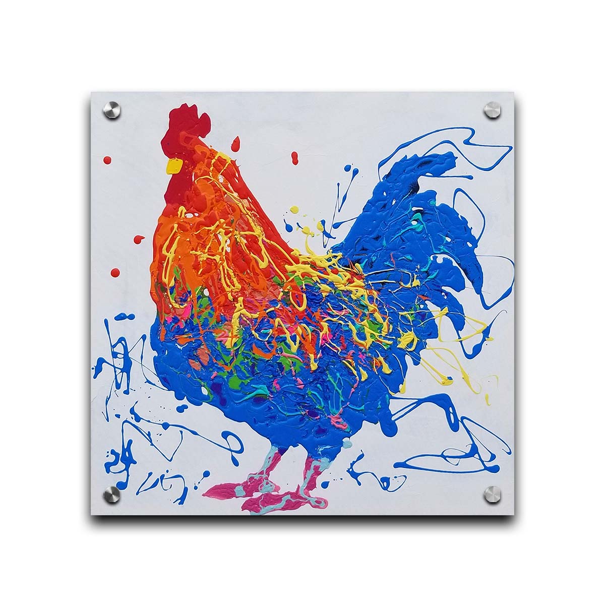 A drip painting of an orange and blue rooster on a white background, accented by yellow, green, red, and purple. Printed on acrylic.