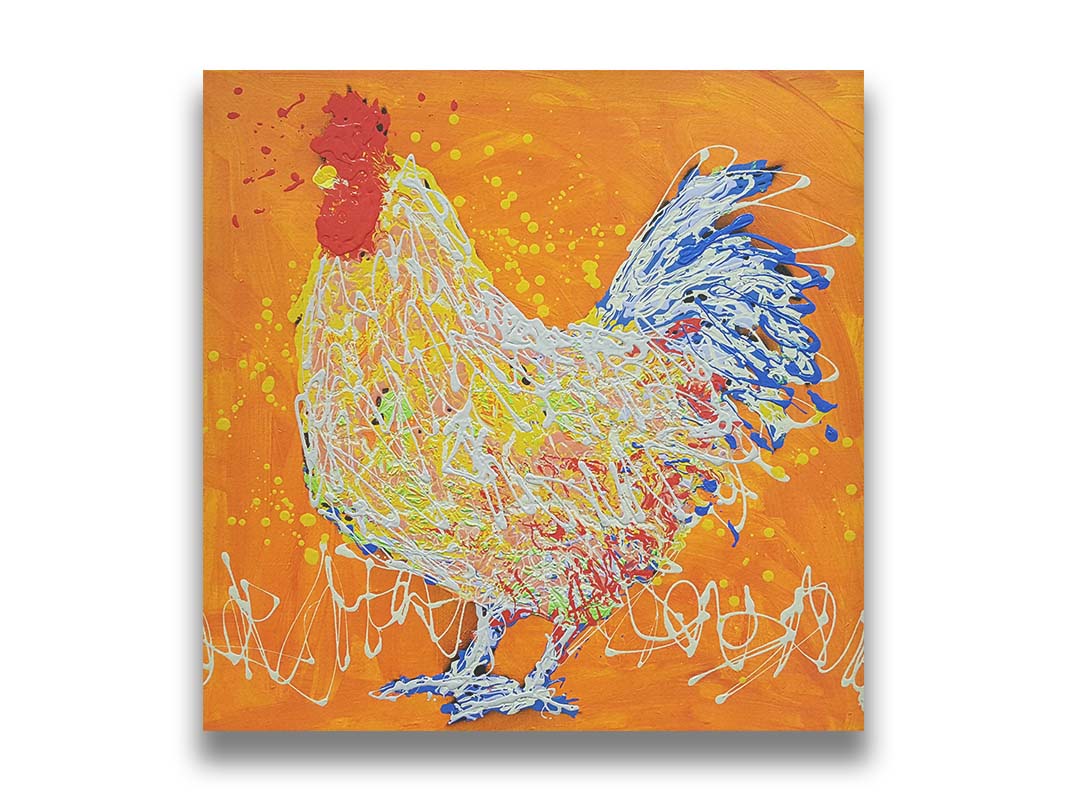 A drip painting of a white rooster on an orange background, accented with red, yellow, and blue. Printed on canvas.