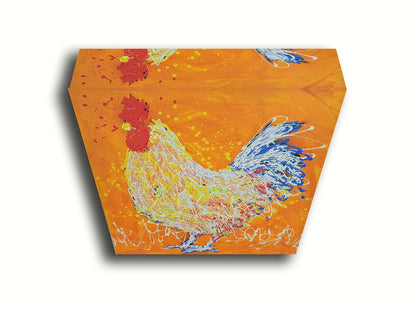 A drip painting of a white rooster on an orange background, accented with red, yellow, and blue. Printed on canvas.