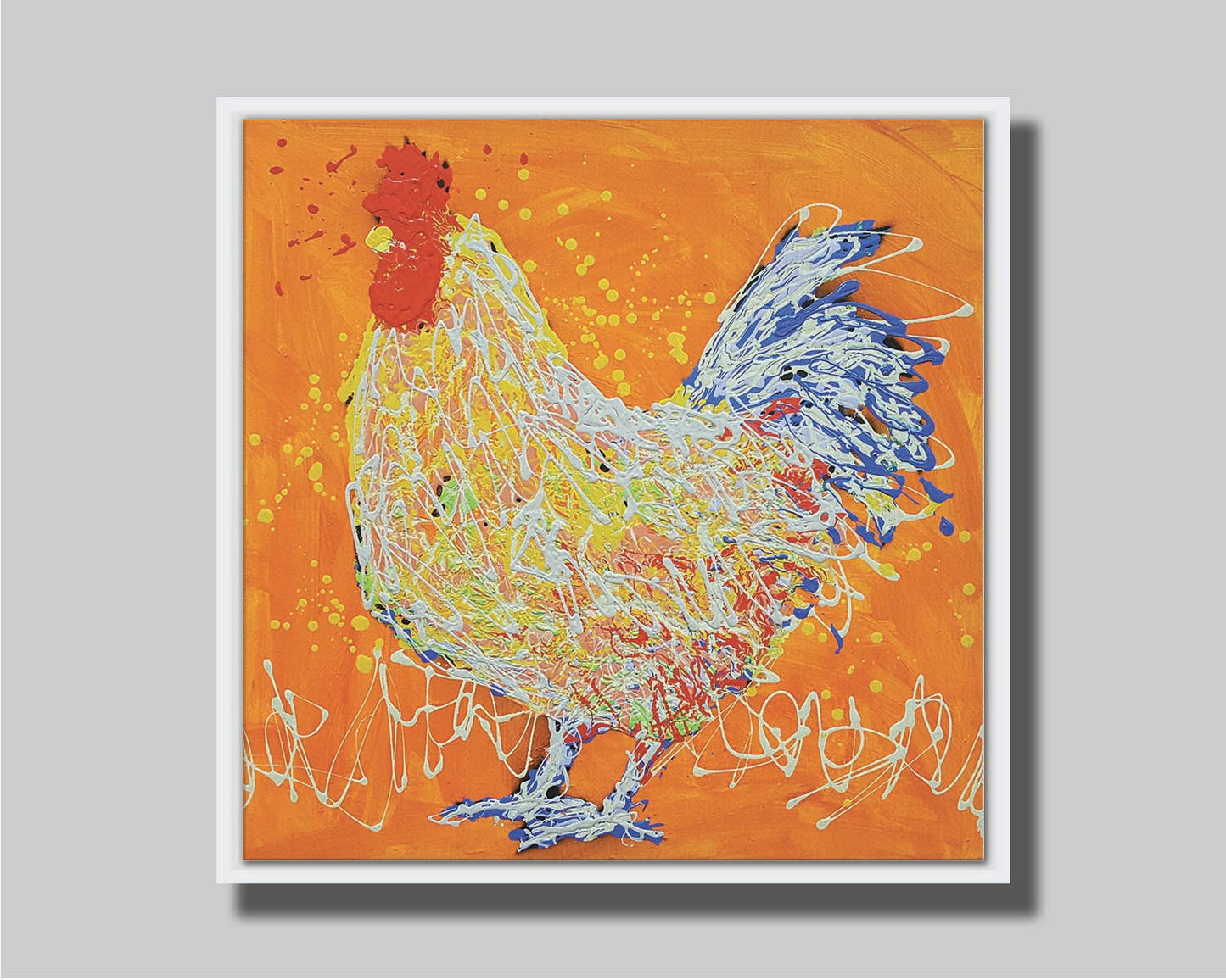 A drip painting of a white rooster on an orange background, accented with red, yellow, and blue. Printed on canvas in a float frame.