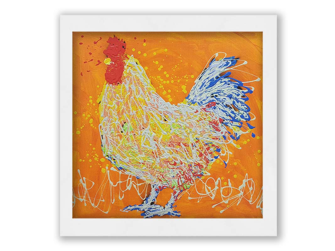 A drip painting of a white rooster on an orange background, accented with red, yellow, and blue. Printed on canvas and framed.